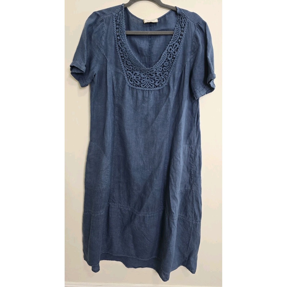 Elena Mirò Linen Dress Size 8 Blue Crochet Lace Neck Knee Midi Lagenlook Italy
